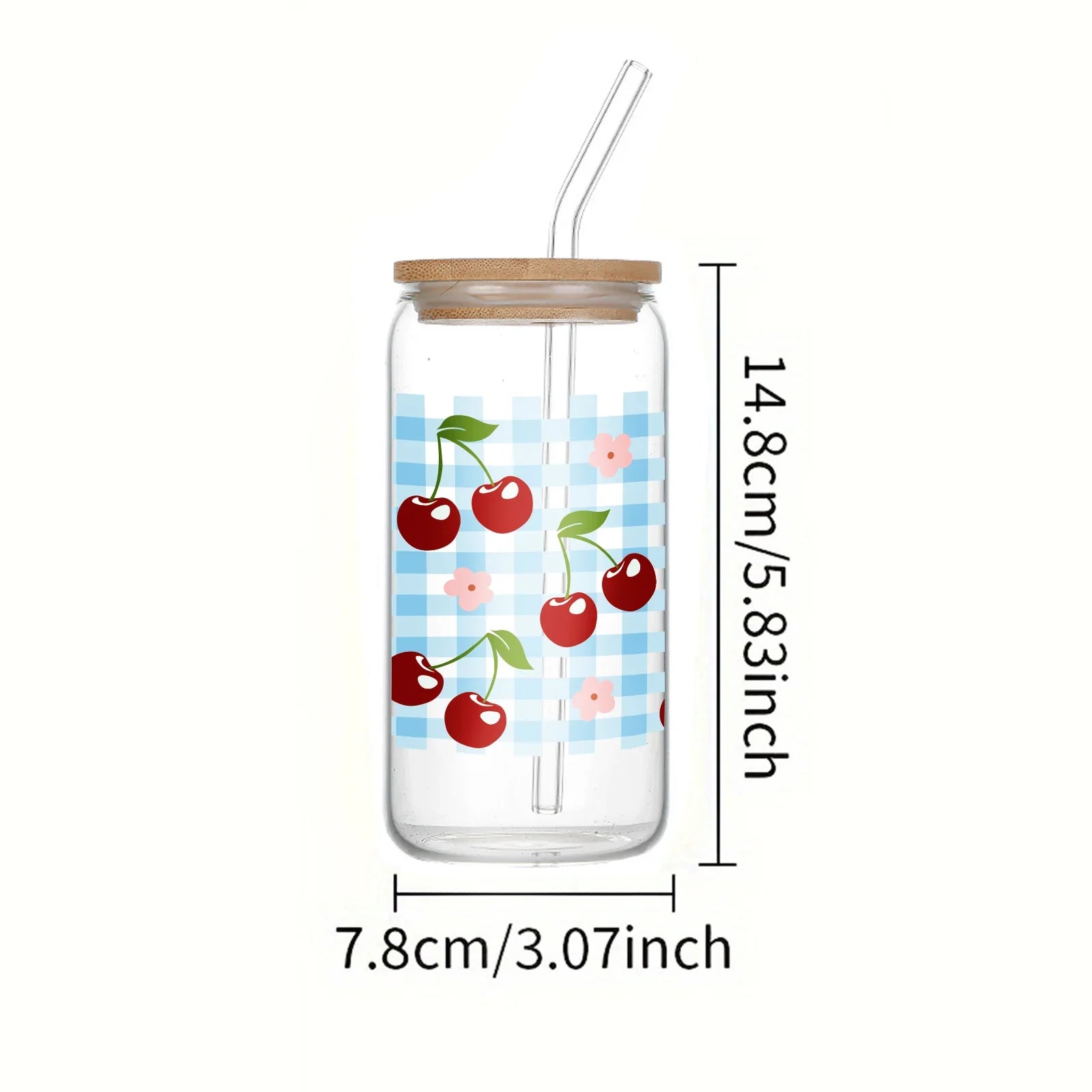 Cravinc 16oz Cherry Pattern Glass Can with Bamboo Lid & Straw