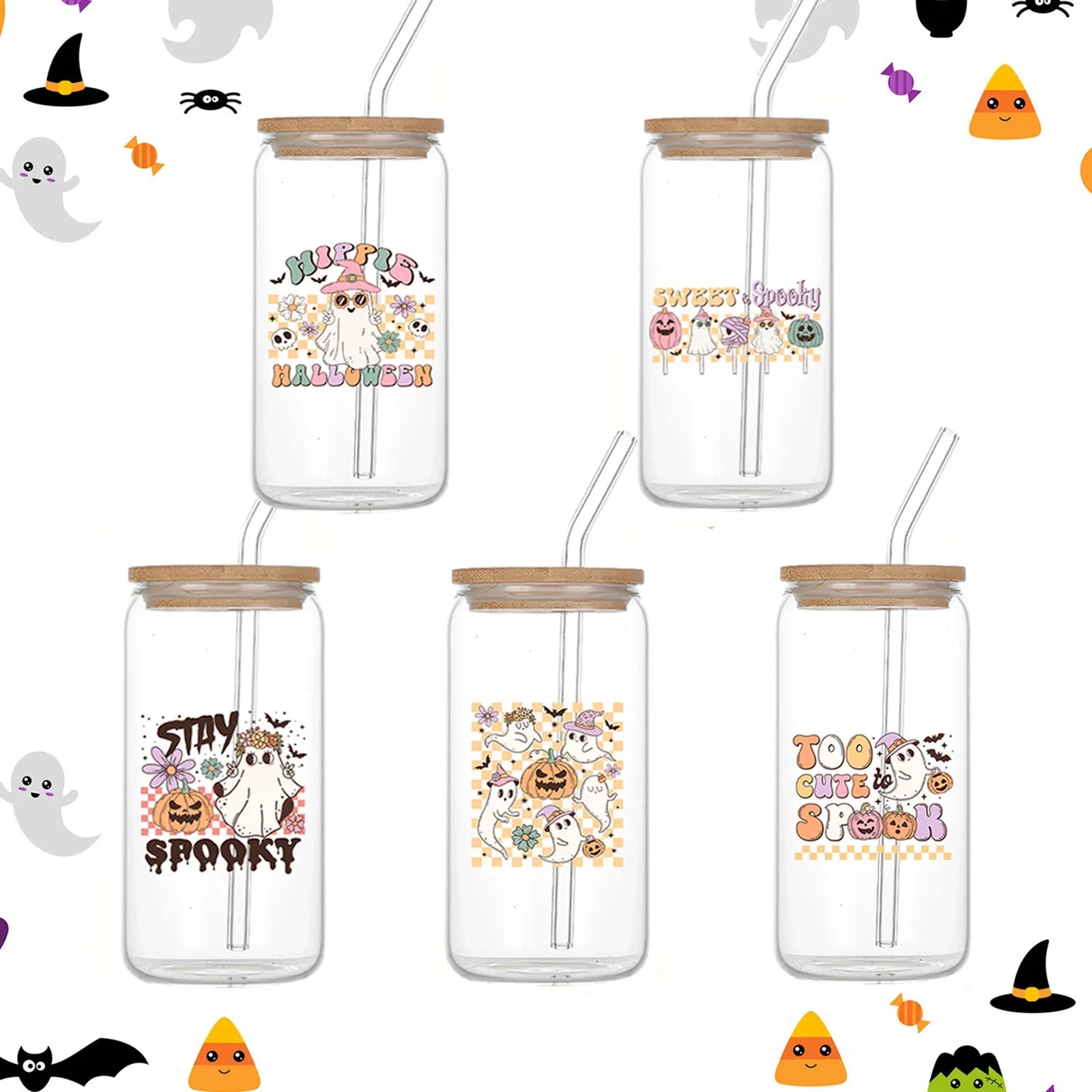 Colorful Ghost Pumpkin 16oz Glass Water Bottle with Bamboo Lid & Straw - Cravinc Halloween Gift