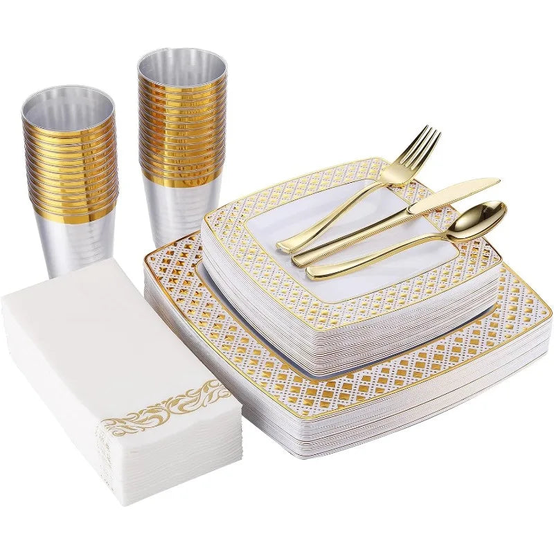 Cravinc 175-Piece Disposable Dinnerware Set for 25 Guests, Plastic Plates, Silverware, Cups, Napkins