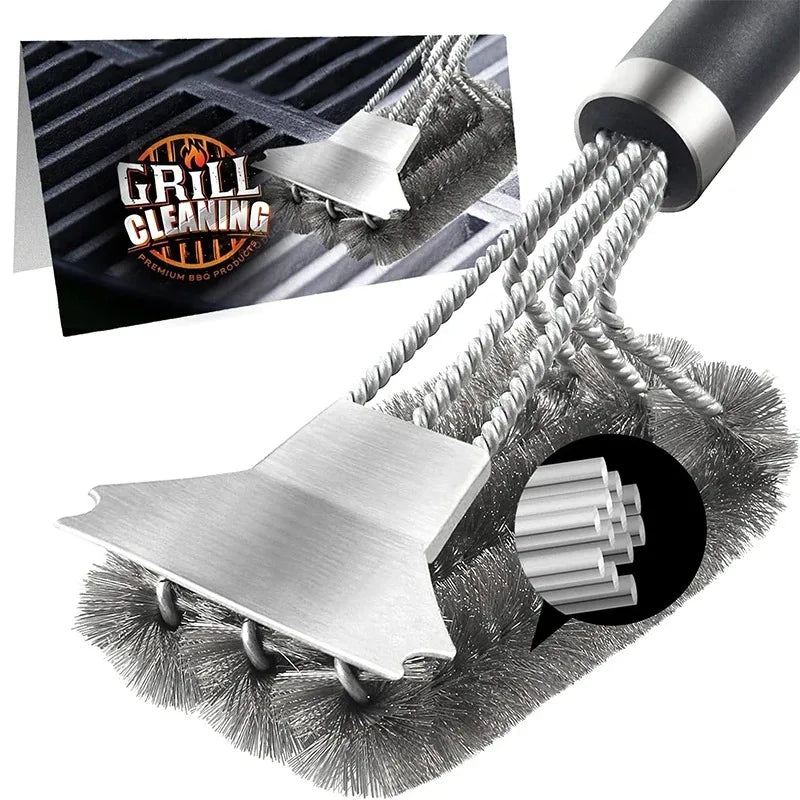 Cravinc 17" Stainless Steel Bristle Grill Brush and Scraper - Deluxe Handle