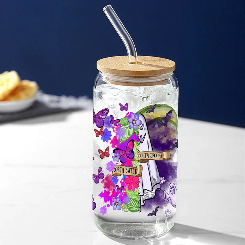 Cravinc 16oz Purple Butterfly Bat Glass Water Bottle with Bamboo Lid & Straw