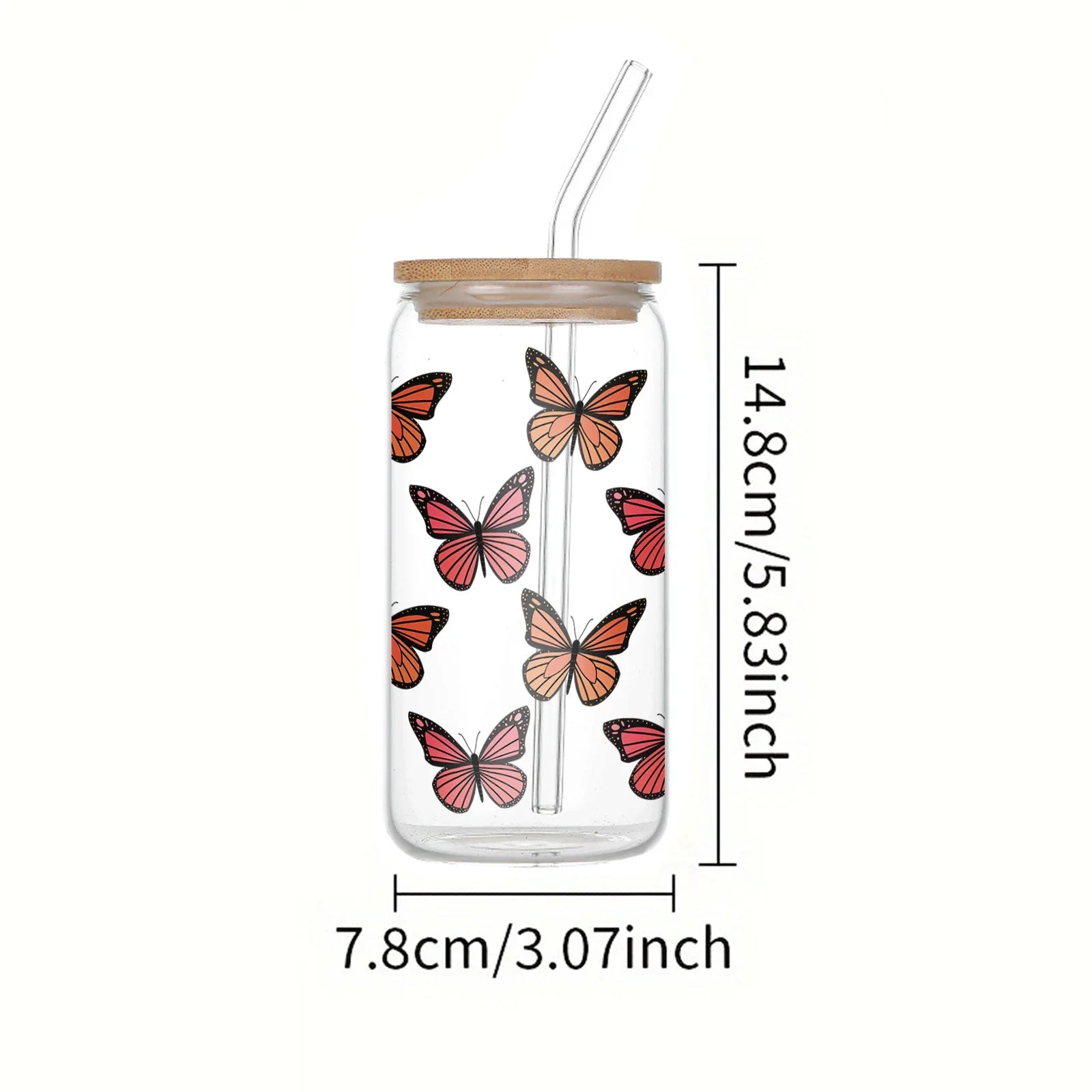 Cravinc 16oz Butterfly Pattern 3D Glass Cup with Bamboo Lid & Straw