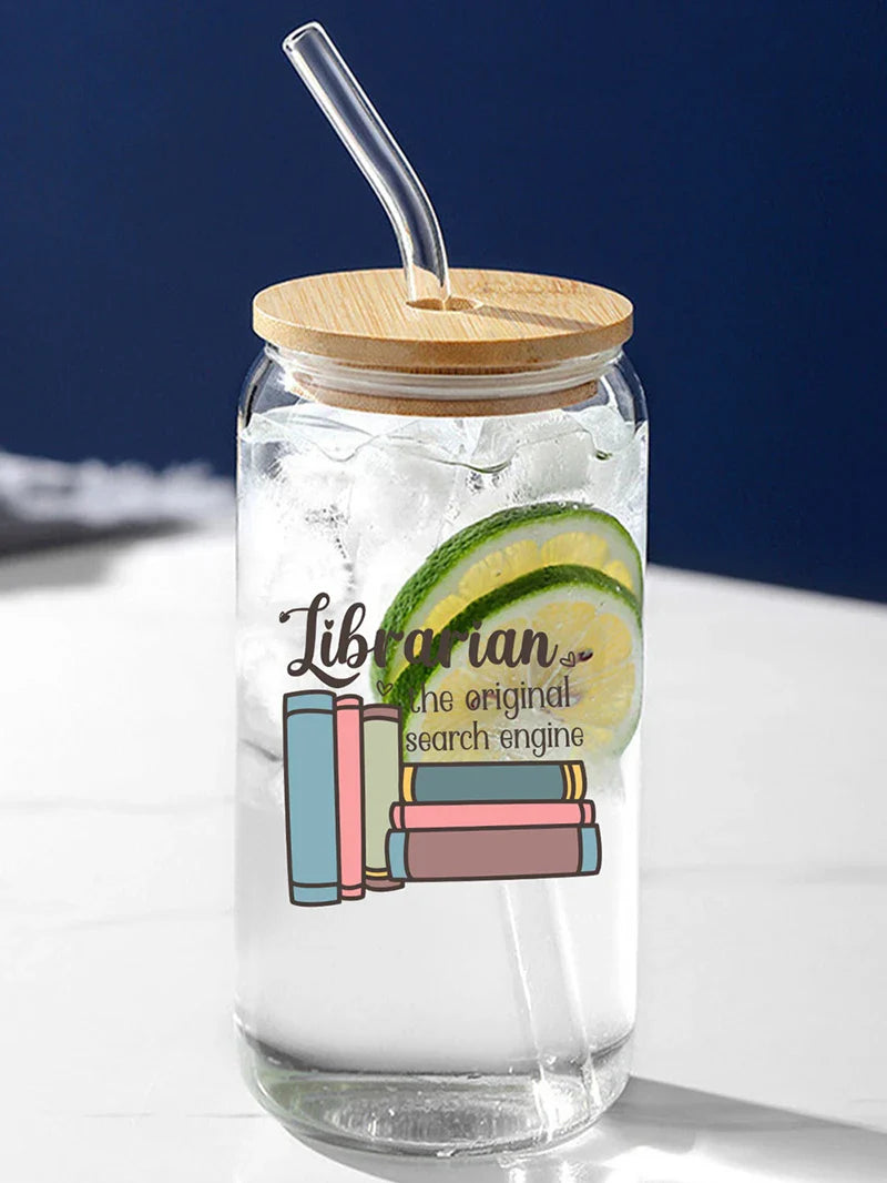 Cravinc 16oz Glass Can with Lid and Straw - Library Lover's Summer Cup