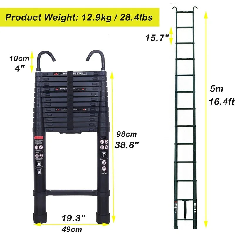 Cravinc 16.4FT Telescoping Ladder with Hooks, 330lbs Capacity, Adjustable Height - Portable Home Extension