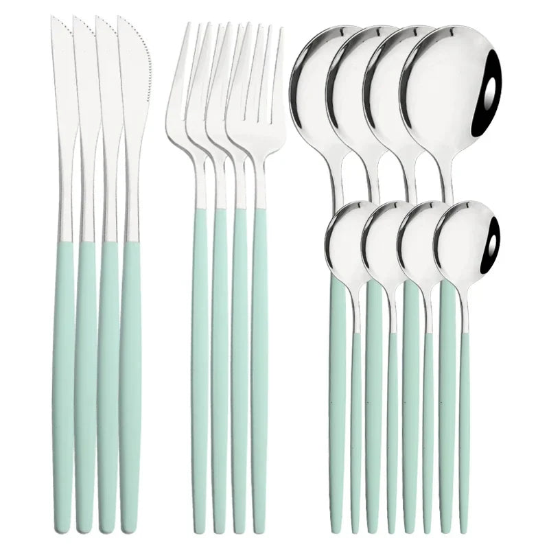 Cravinc 16-Piece Green Silver Stainless Steel Cutlery Set for Dining & Kitchen