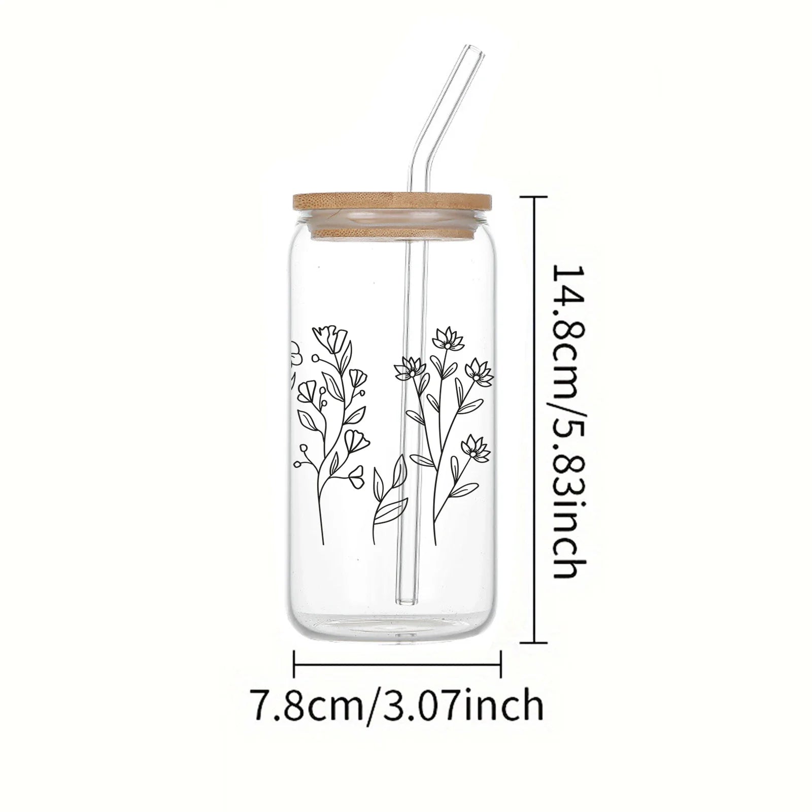 Cravinc 16oz Black Plant Glass Can With Bamboo Lid and Straw