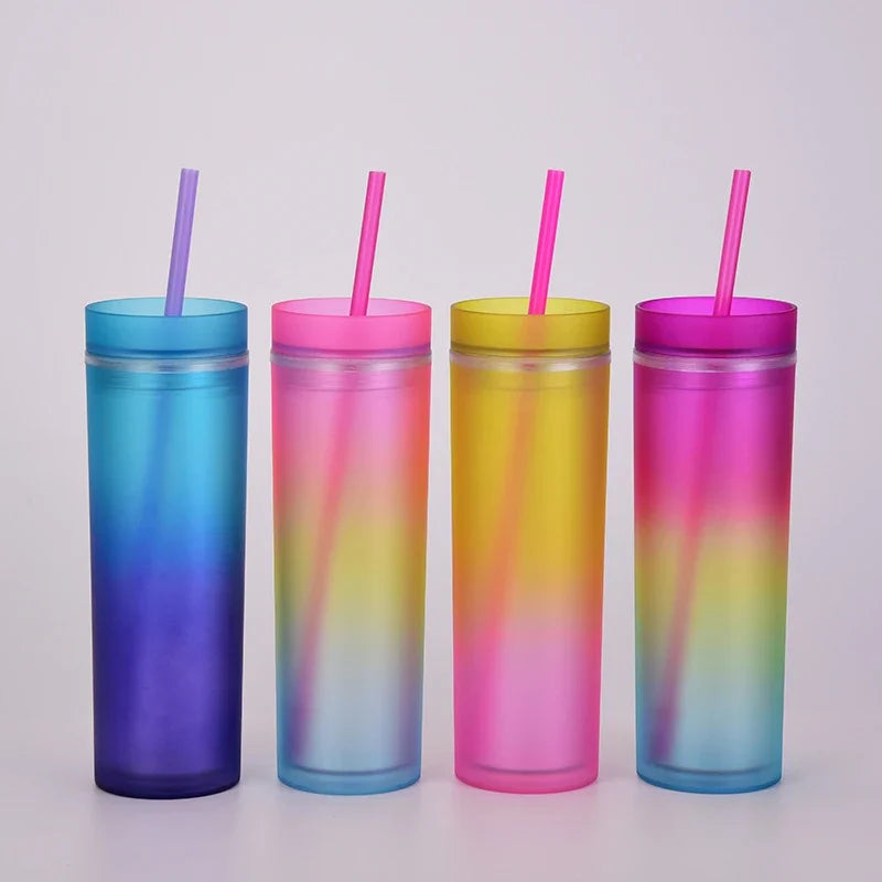 Cravinc 16oz Rainbow Gradient Skinny Tumbler with Straw