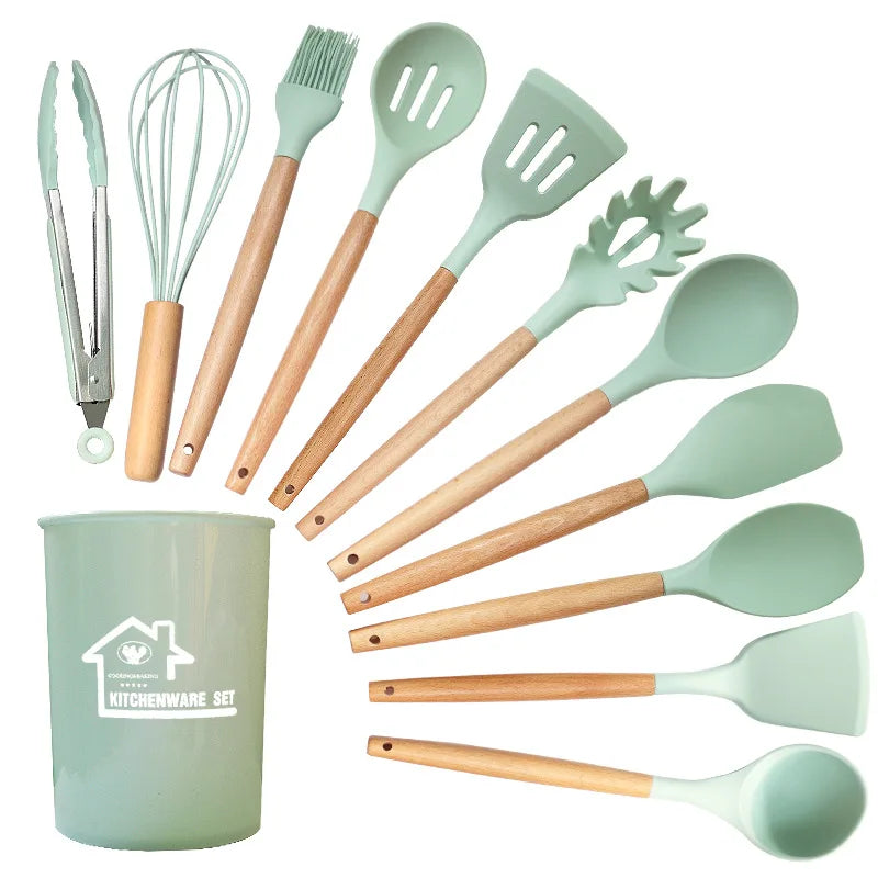 Cravinc 12-Piece Silicone Kitchen Utensils Set with Wooden Handles