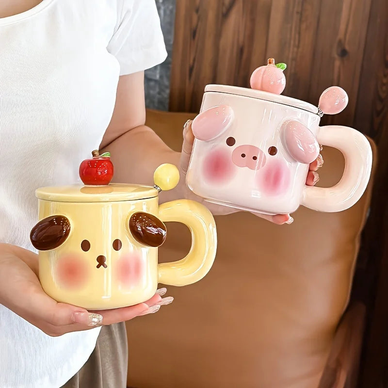 400ml Cravinc Pig Coffee Mug with Lid, Spoon | Cute Creative Breakfast Cup Gift for Home Office