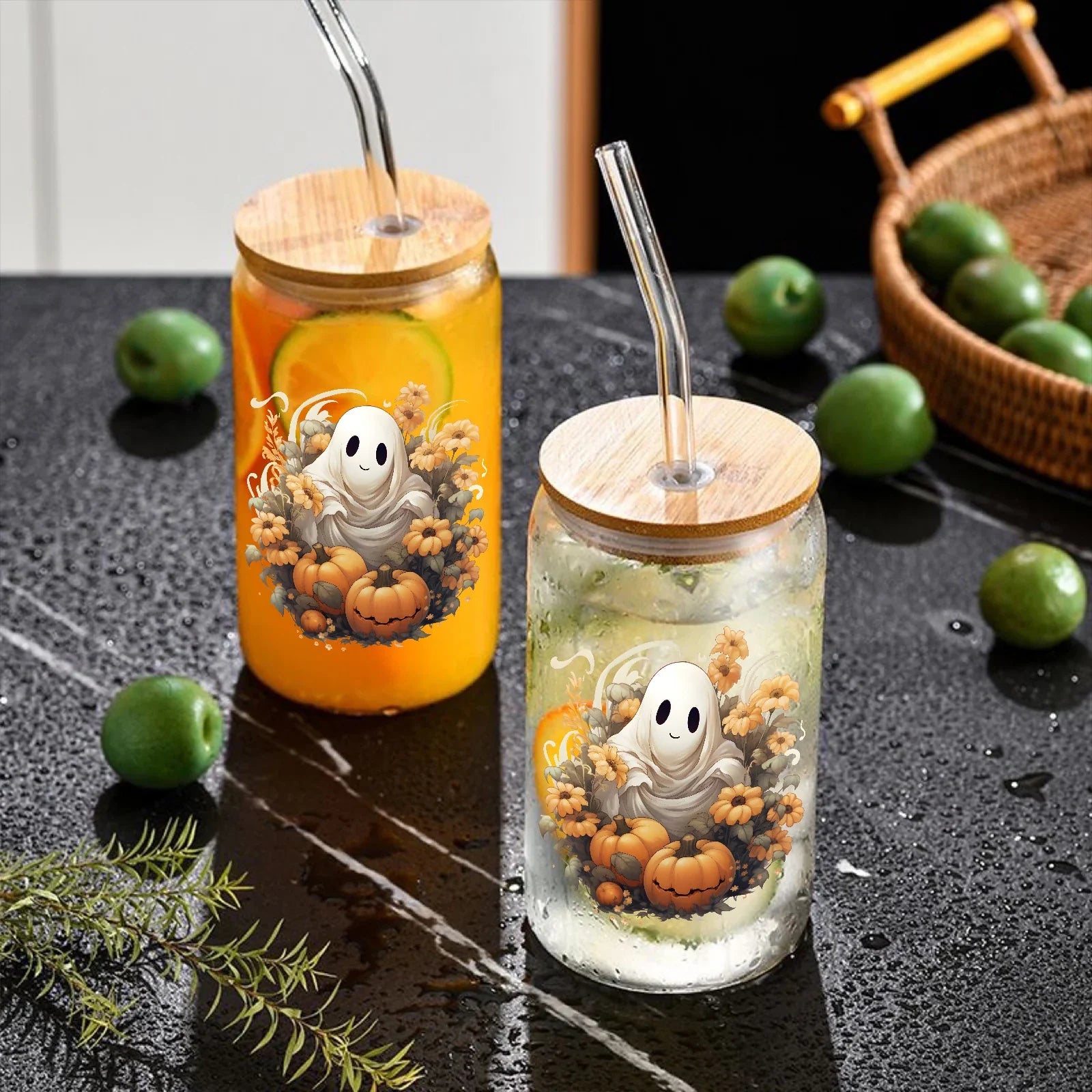 Cravinc 16oz Ghost In Flowers Glass Cup With Bamboo Lid & Straw