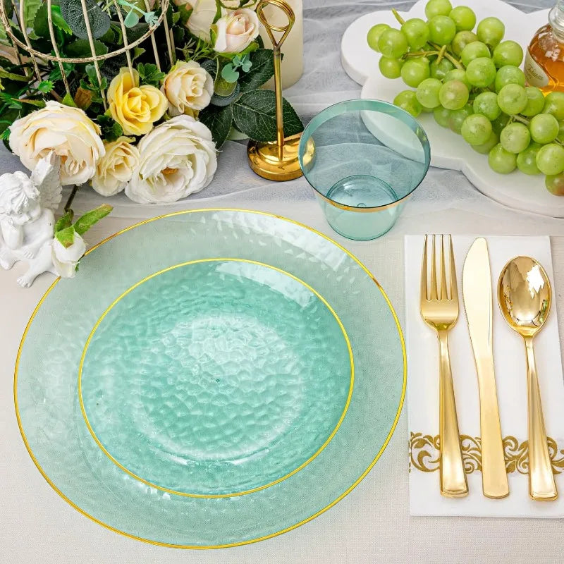 Cravinc 175-Pc Green Hammered Plastic Plates Set for 25 Guests