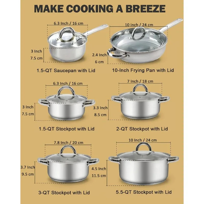 Cravinc 12-Piece Stainless Steel Cookware Set, Silver