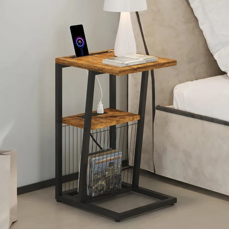 C-Shaped End Table with Charging Station, Phone Holder, 2 USB Ports and Power Outlets by Cravinc