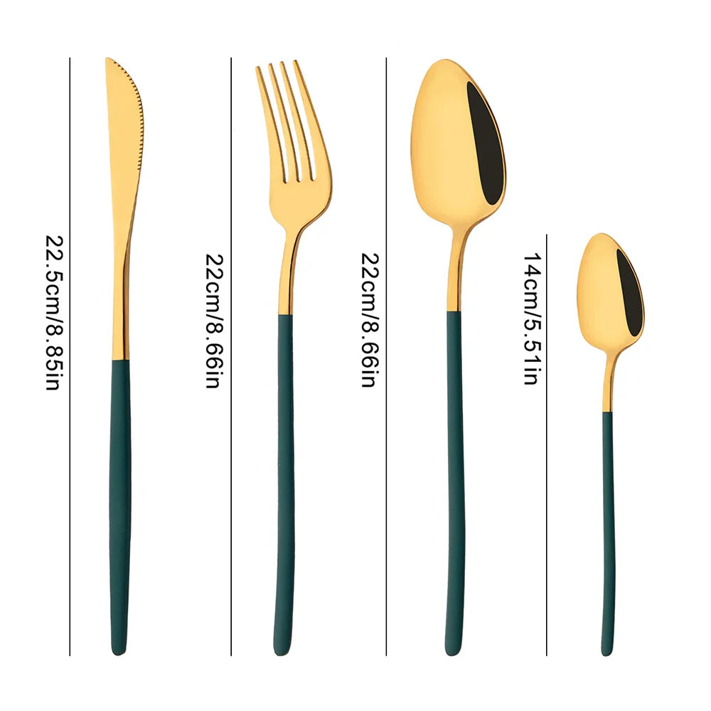 Cravinc 16-Piece Stainless Steel Dinnerware Set, Green Gold Flatware Kitchen Tableware