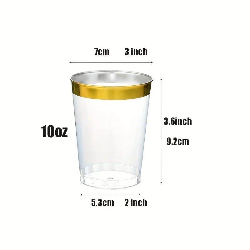 Cravinc 10oz Clear Golden Rim Plastic Cups – Elegant Disposable Tumblers for Weddings & Parties