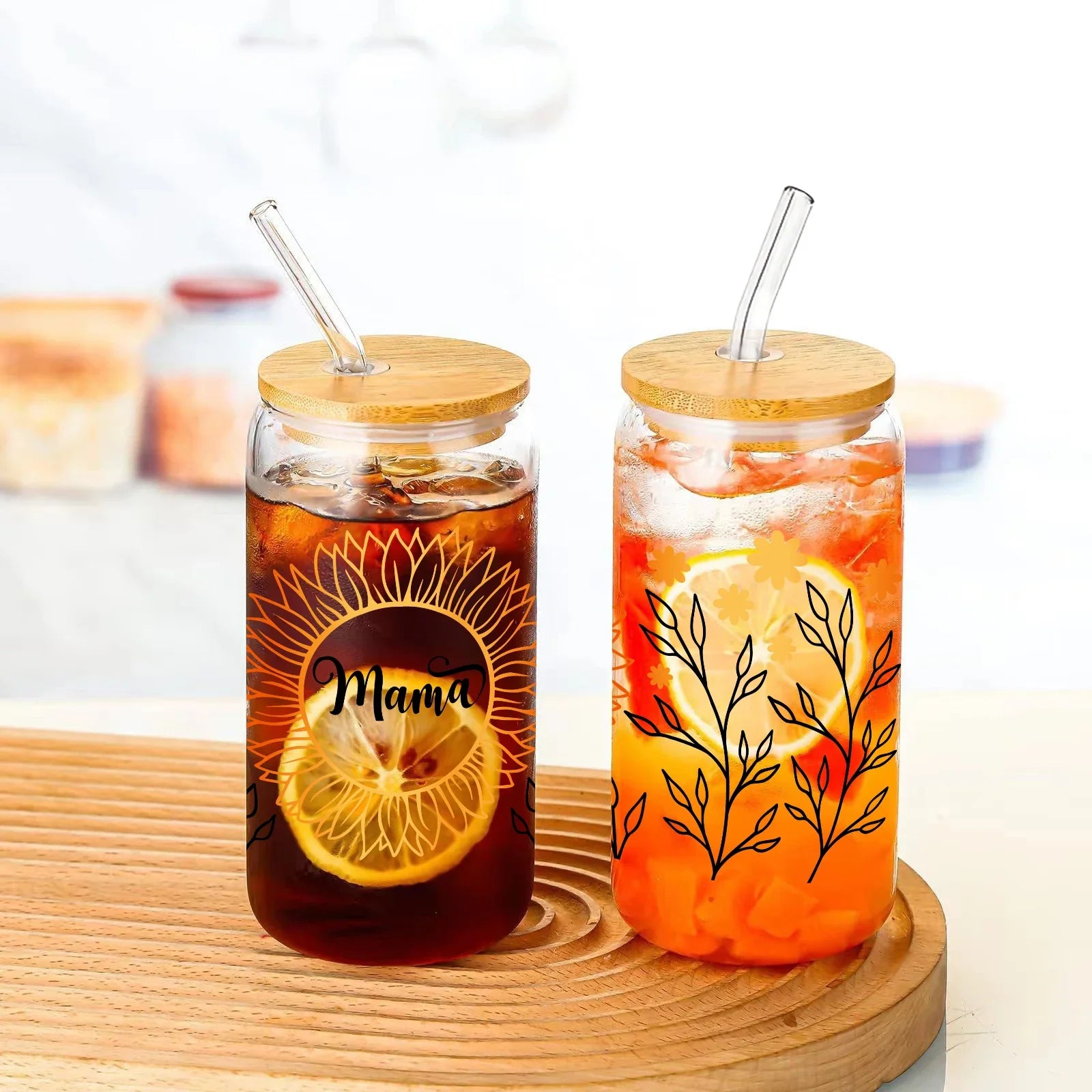 Cravinc 16oz Floral 3D Print Glass Mason Can with Bamboo Lid & Straw