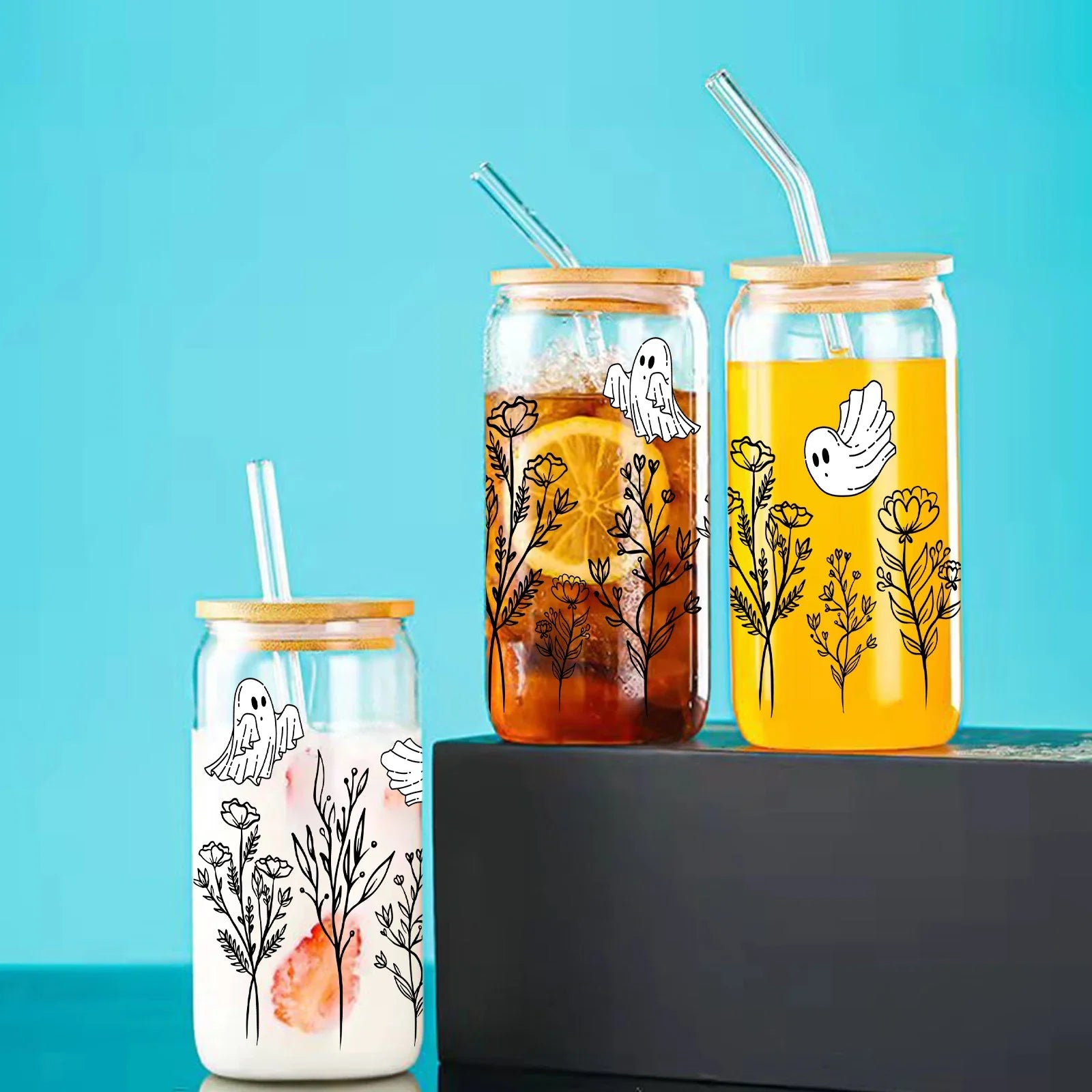 Cravinc 16oz Floral Ghost Glass Cup with Bamboo Lid & Straw for Halloween Gifts