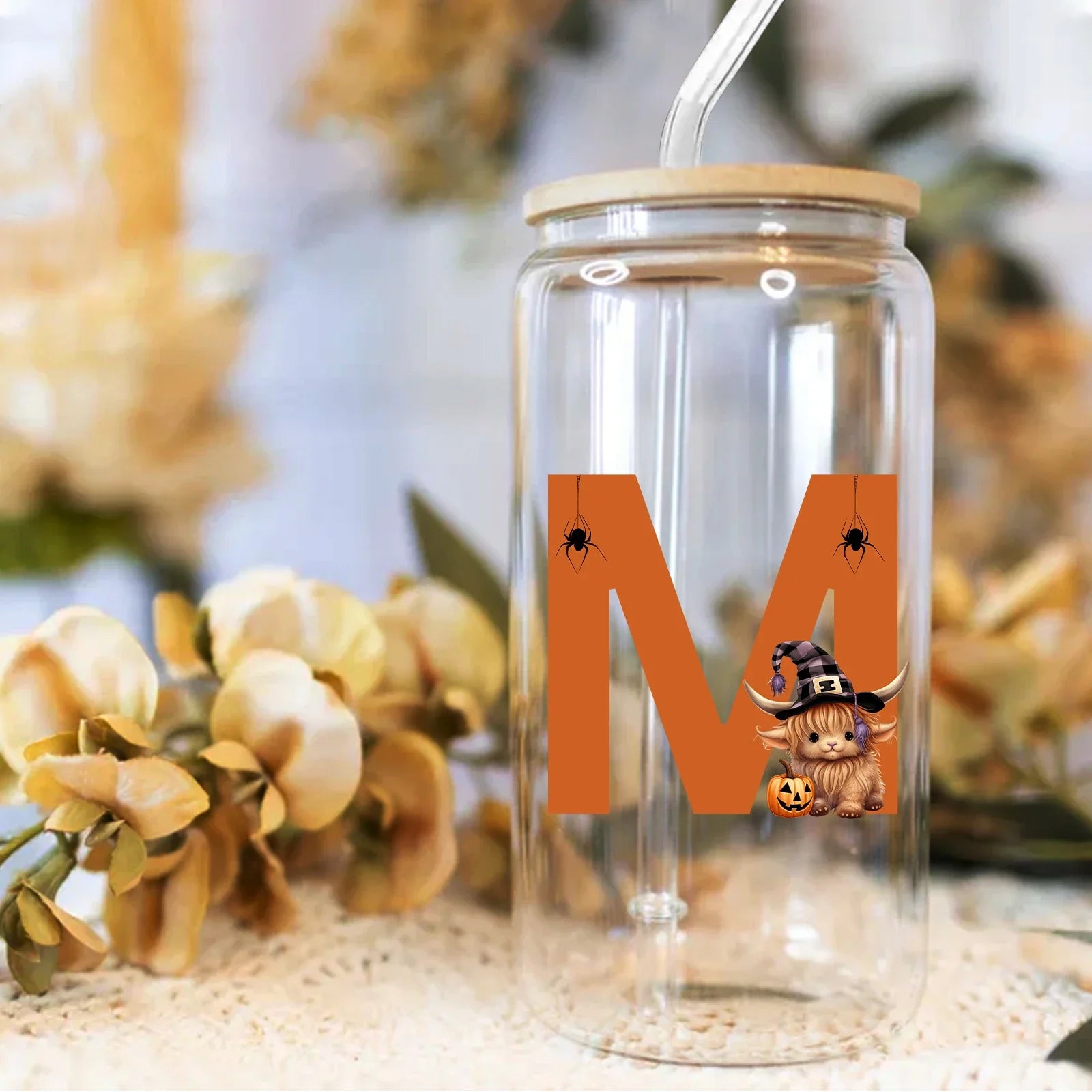 Cravinc 16oz Glass Coffee Cup with Bamboo Lid & Straw. A-Z Letters Mason Can Summer Drinkware Bottle.