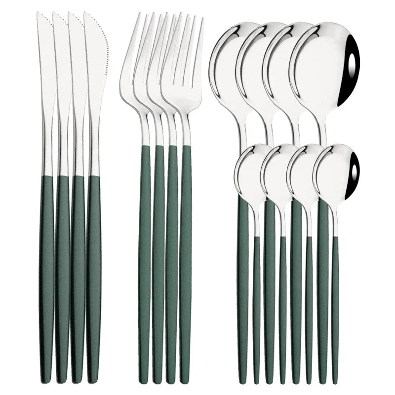 Cravinc 16-Piece Green Silver Stainless Steel Cutlery Set for Dining & Kitchen