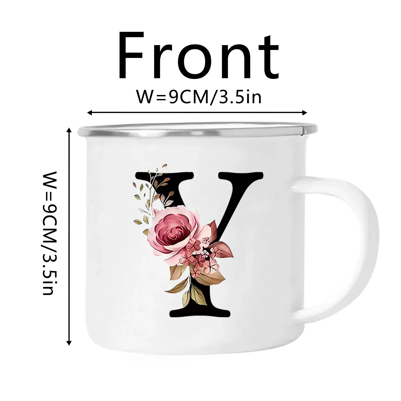 Cravinc 12oz Floral Letters Enamel Coffee Mug with Handle for Camping and Travel