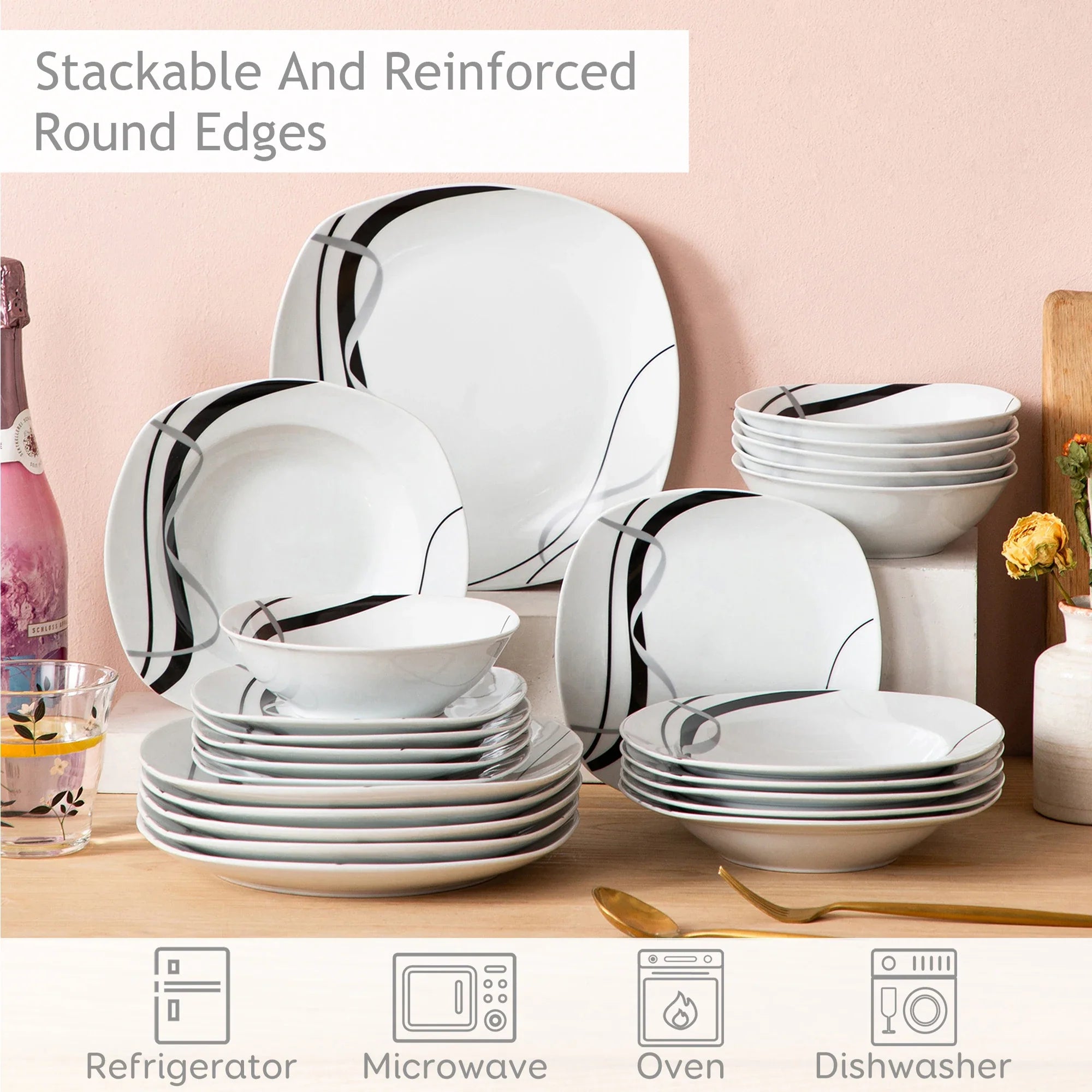 Cravinc 18-Piece Porcelain Ceramic Black Line Tableware Set