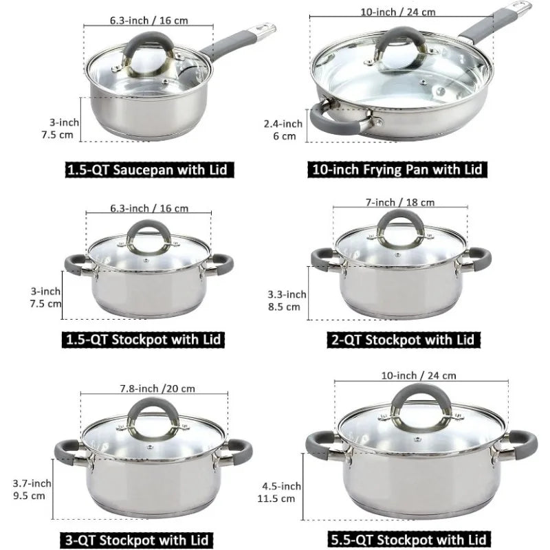 Cravinc 12-Piece Stainless Steel Cookware Set, Silver