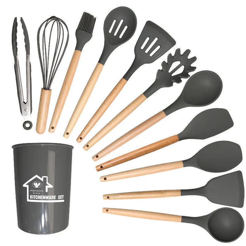 Cravinc 12-Piece Silicone Kitchen Utensils Set with Wooden Handles