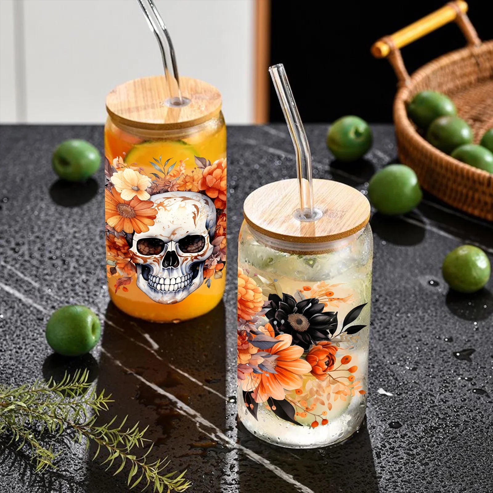 Cravinc 16oz Skull Glass Bottle with Bamboo Lid & Straw - Halloween Kids Gift