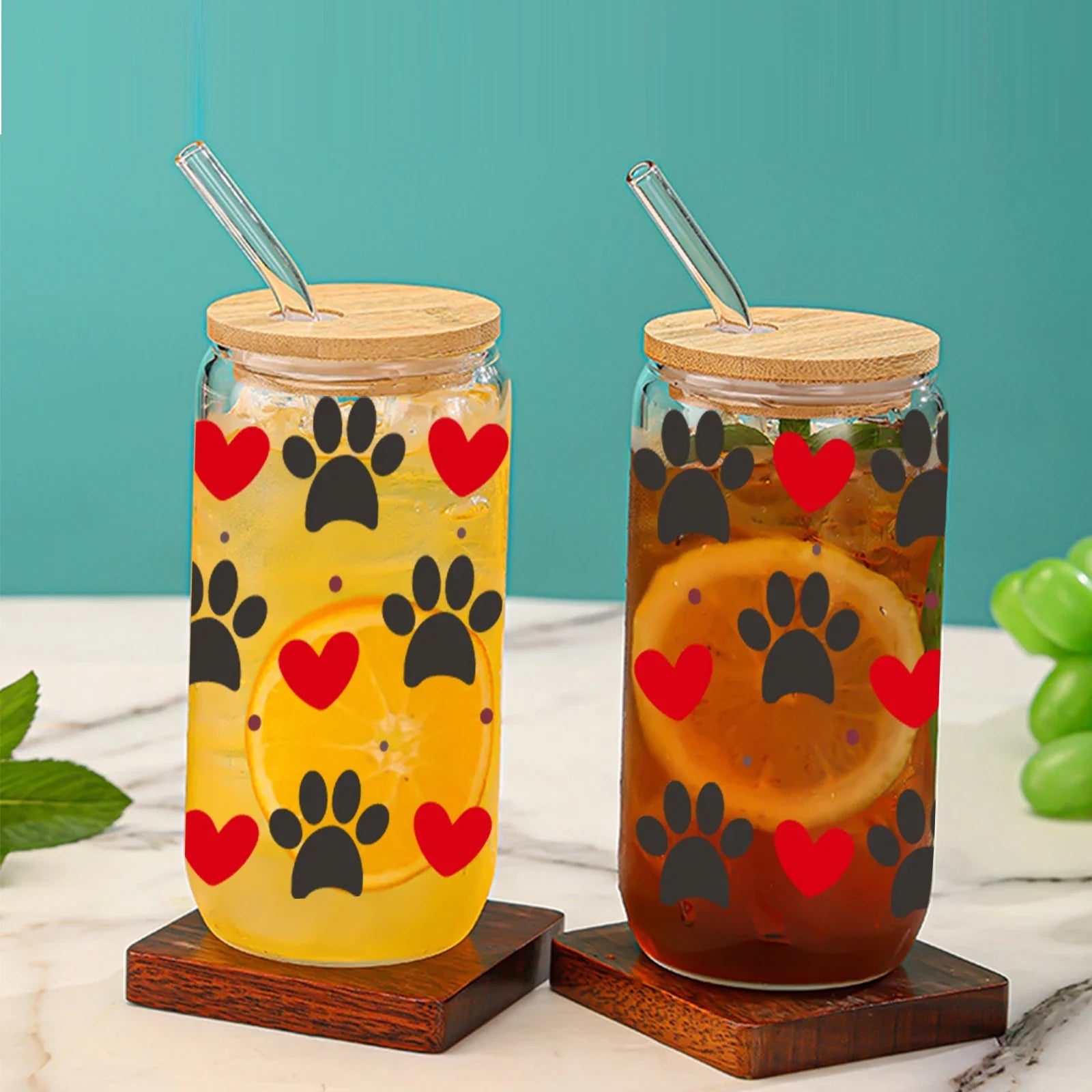 Cravinc 16oz Cute Cat Paw Glass Cup for Summer Drinks