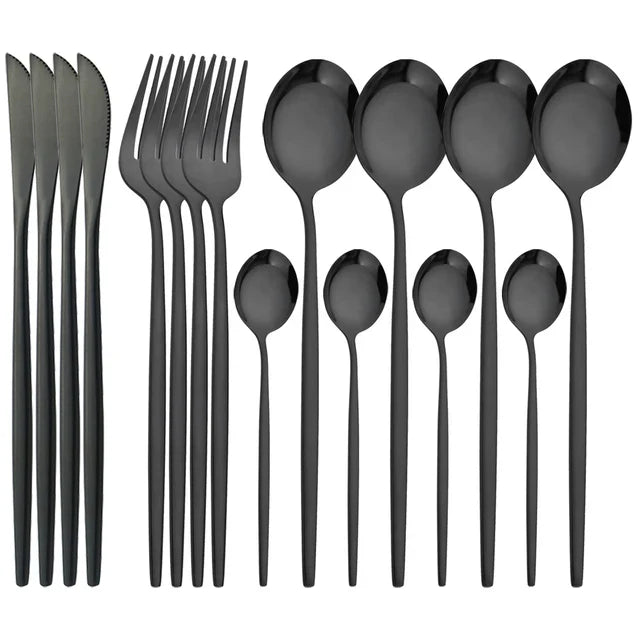 Cravinc 16Pc Black Cutlery Set Stainless Steel Mirror Dinnerware Kitchen Silverware