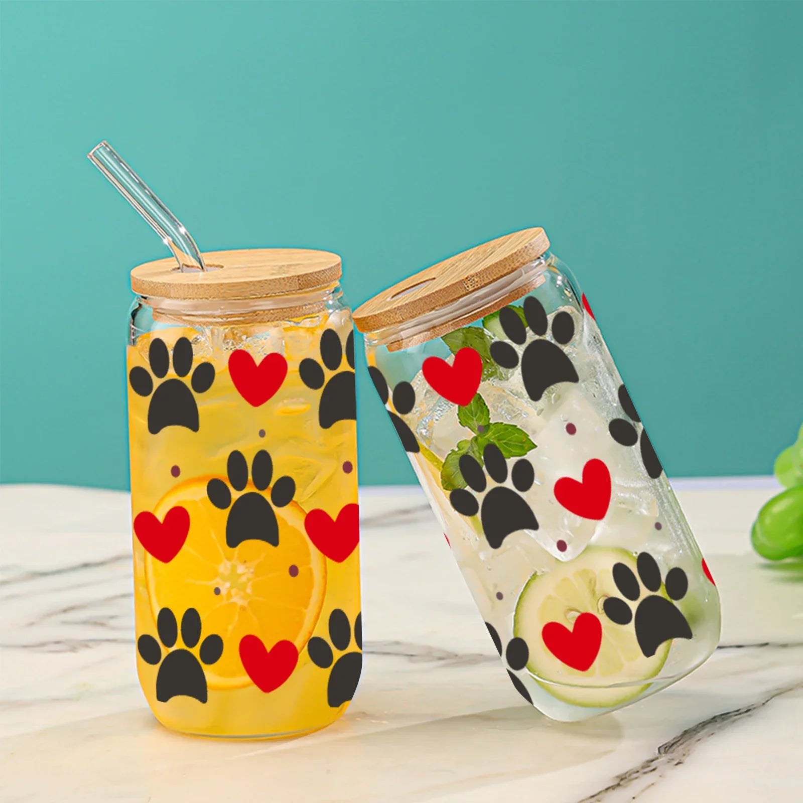 Cravinc 16oz Cute Cat Paw Glass Cup for Summer Drinks