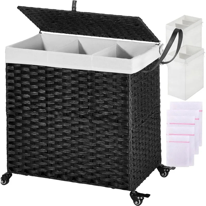 Cravinc 125L Large 3-Section Laundry Hamper with Wheels, Lid, and Removable Liner Bags