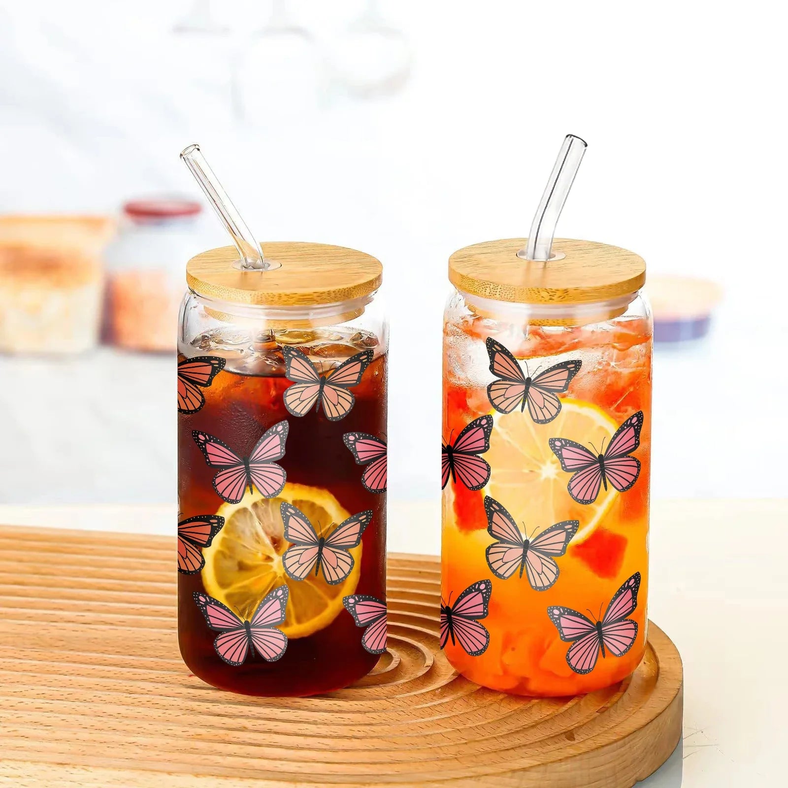 Cravinc 16oz Butterfly Pattern 3D Glass Cup with Bamboo Lid & Straw