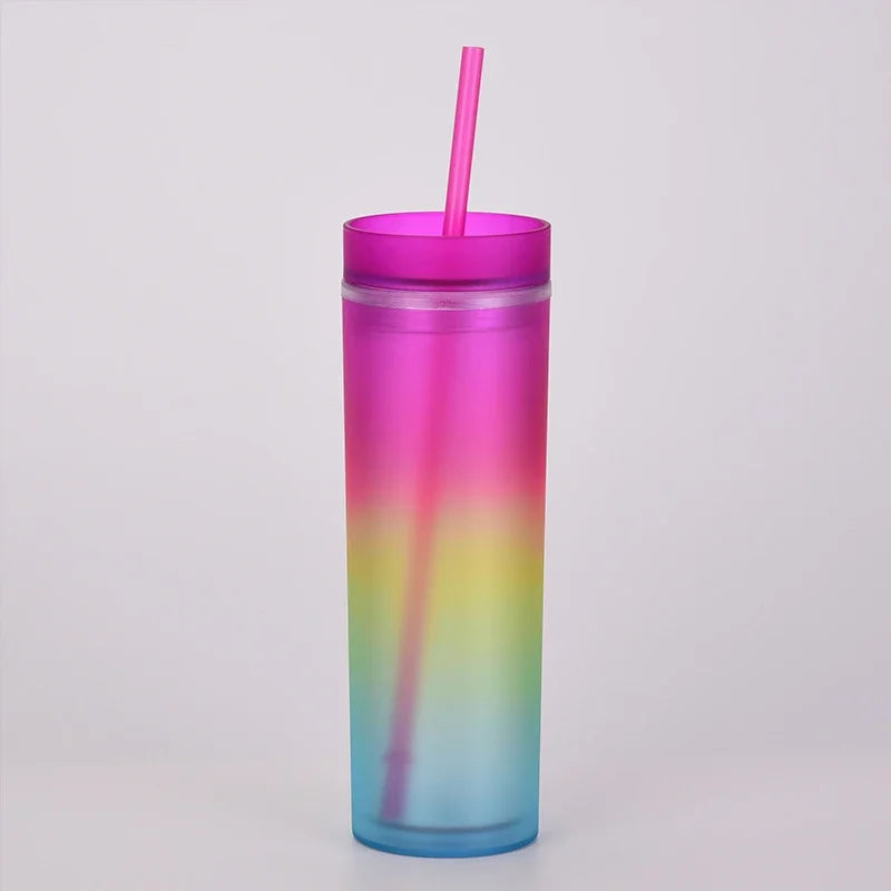 Cravinc 16oz Rainbow Gradient Skinny Tumbler with Straw