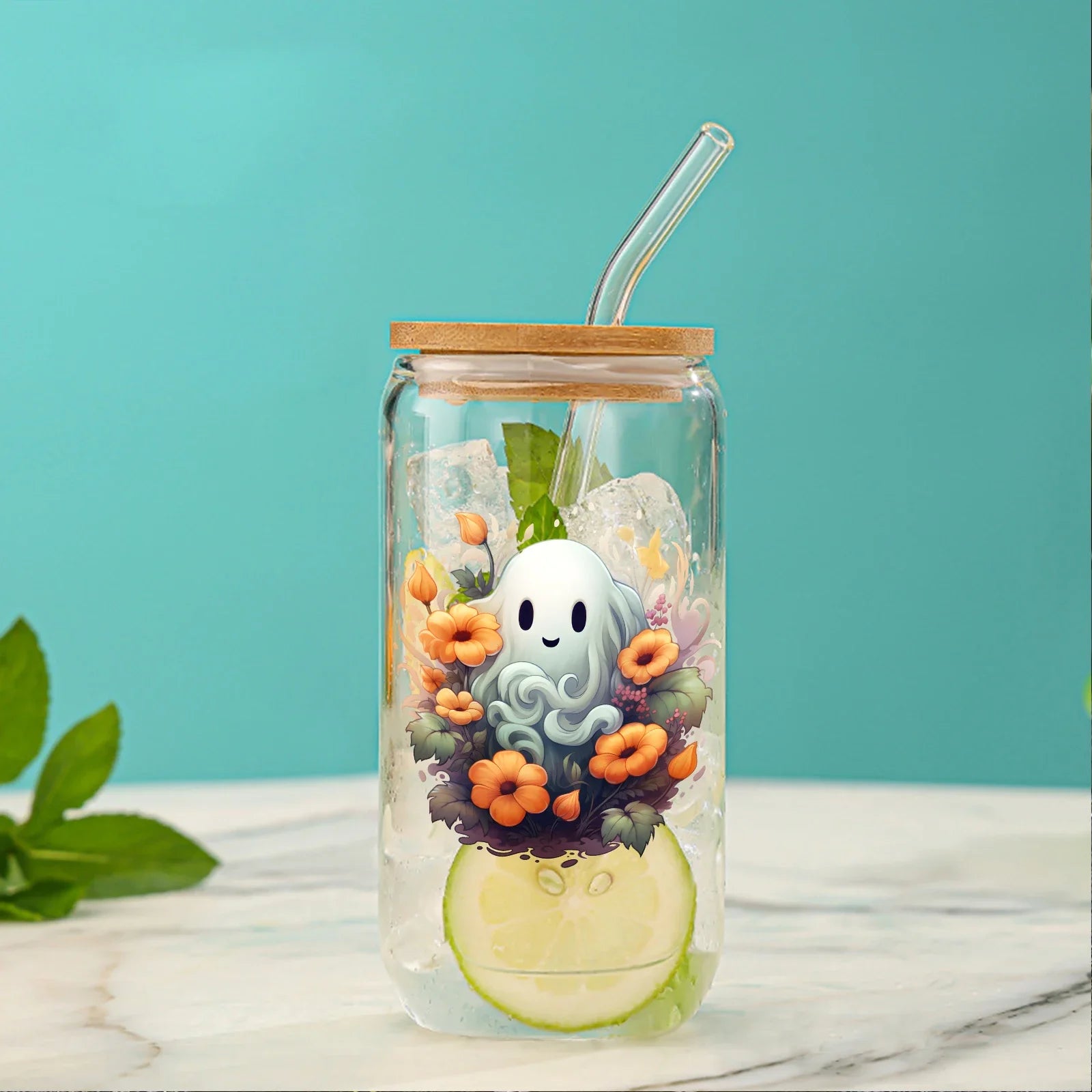 Cravinc 16oz Ghost In Flowers Glass Cup With Bamboo Lid & Straw