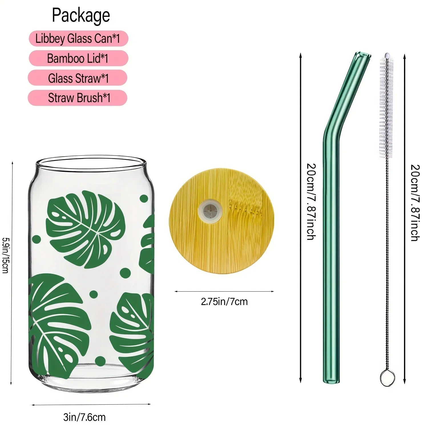 Cravinc 16oz Monstera Leaf Drinking Glass Set with Bamboo Lid and Straw, Perfect for Summerrowsing_office